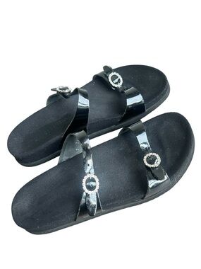 Mephisto Norie Black Patent Rhinestone Two Strap Sandals Black Footbed Size 38